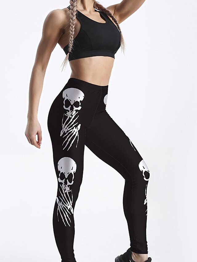  Women's Leggings Pants Skull Print Ankle-Length Comfort Sports Gym Yoga Skinny Sporty Black Stretchy High Waist / Plus Size