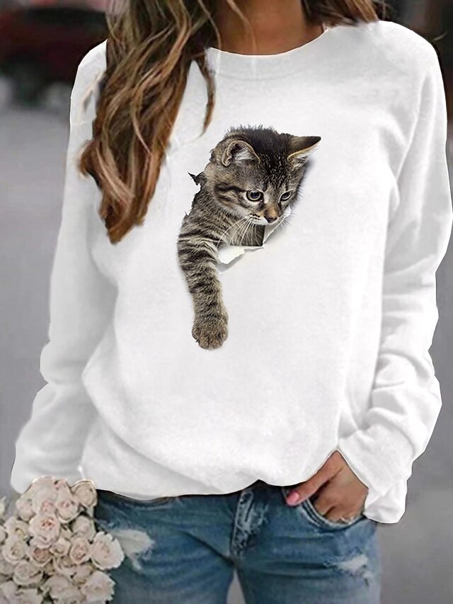  Femme Sweat shirt Sweat 100% Coton basique Blanche Jaune Rose Claire Graphic Chat Casual du quotidien Col Rond manche longue Automne hiver