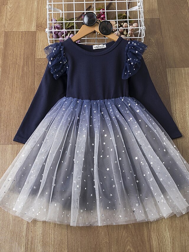  Kids Little Girls' Dress Galaxy Solid Colored Sequins Pleated Lace Red Navy Blue Knee-length Long Sleeve Active Sweet Dresses