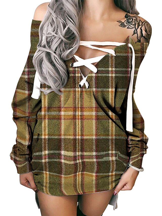  Mini robe Femme Robe Droite manche longue Eté Automne - chaud Sexy Imprimer Plaid Epaules Dénudées Impression 3D Kaki S M L XL XXL 3XL