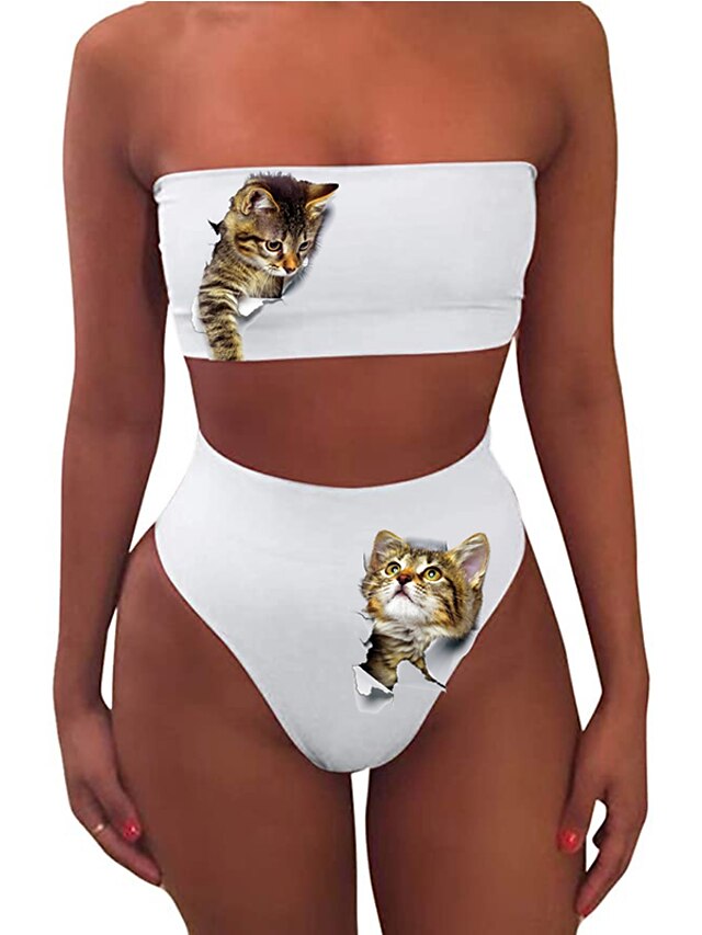  Women's Tankini 2 Piece Swimsuit Slim Print Animal White Swimwear Bandeau Strapless Bathing Suits New Sexy Sweet