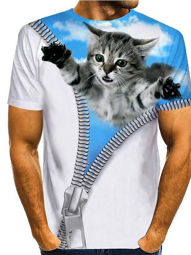 Men's Shirt T shirt Tee Graphic Animal 3D Round Neck Blue 3D Print Casual Daily Short Sleeve Print Clothing Apparel Cartoon Classic