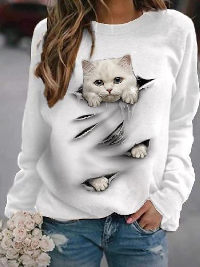  Damen Sweatshirt Pullover Zur Seite fahren Bedruckt Basic Casual Schwarz Weiß Graphic Katze Täglich Langarm Rundhalsausschnitt
