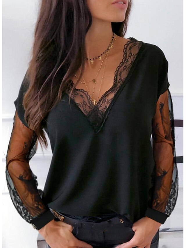  Women's Blouse Shirt Eyelet top Blue White Black Lace Mesh Solid Colored Daily Going out Long Sleeve V Neck Streetwear Elegant Regular S