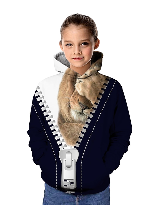  Barn Jente Hettegenser og sweatshirt Langermet Katt Grafisk 3D Dyr Trykt mønster Navyblå Barn Topper Aktiv