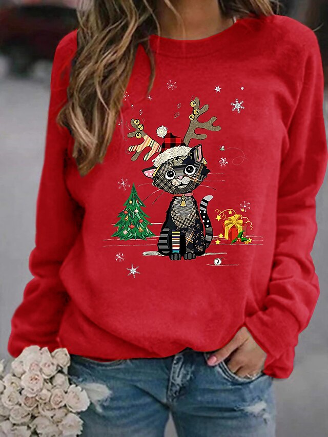  Damen Katze Grafik Pullover Sweatshirt Weihnachten Täglich Grundlegend Weihnachten Kapuzenpullover Sweatshirts Rote