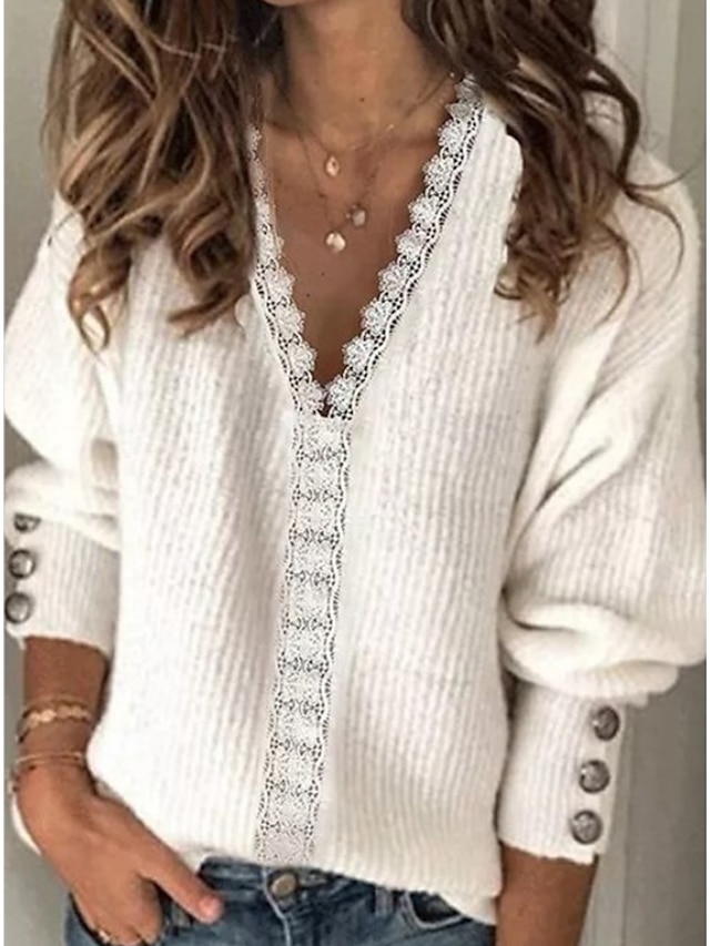  Women's Pullover Sweater Jumper Knitted Lace Trims Button Solid Color Stylish Elegant Casual Long Sleeve Regular Fit Sweater Cardigans V Neck Fall Winter White / Holiday / Going out
