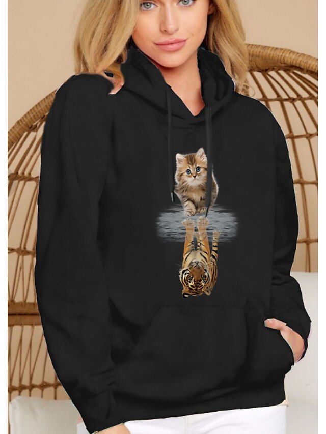  Damen Katze Grafik 3D Kapuzenshirt Zur Seite fahren Vordertasche Täglich Grundlegend Alltag Kapuzenpullover Sweatshirts Schwarz