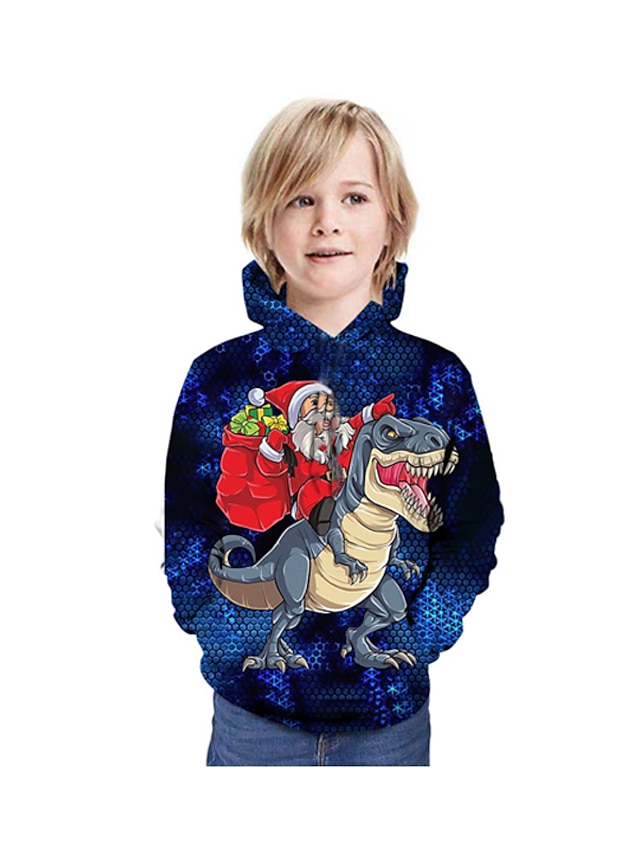  Kids Boys' Hoodie & Sweatshirt Long Sleeve Dinosaur Santa Claus Graphic 3D Christmas Print Blue Children Tops Active Christmas