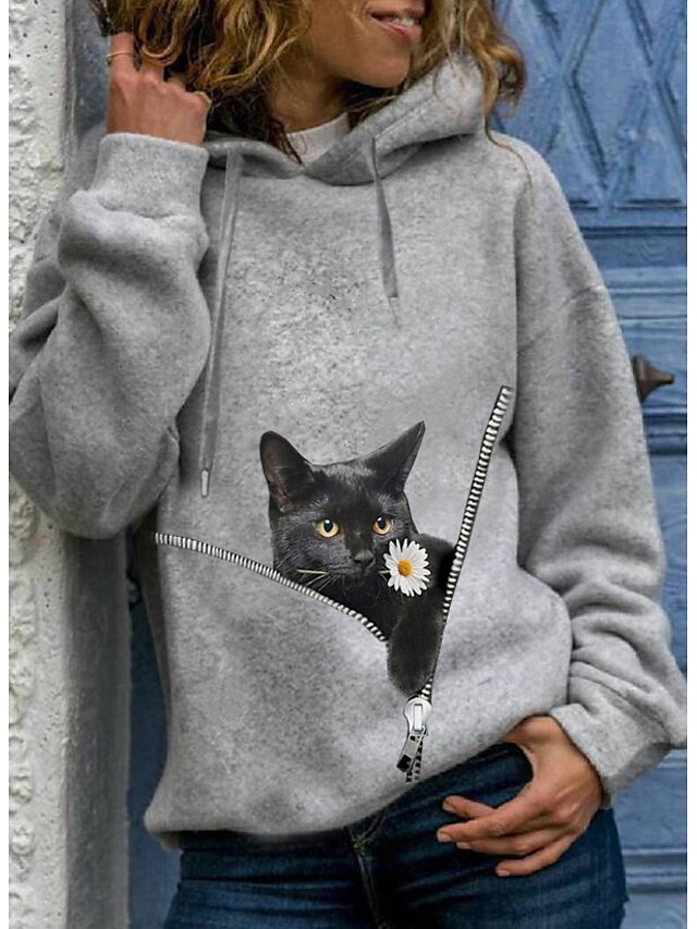  Women's Hoodie Pullover Cat Graphic 3D Daily 3D Print Basic Casual Hoodies Sweatshirts  Yellow Gray Black