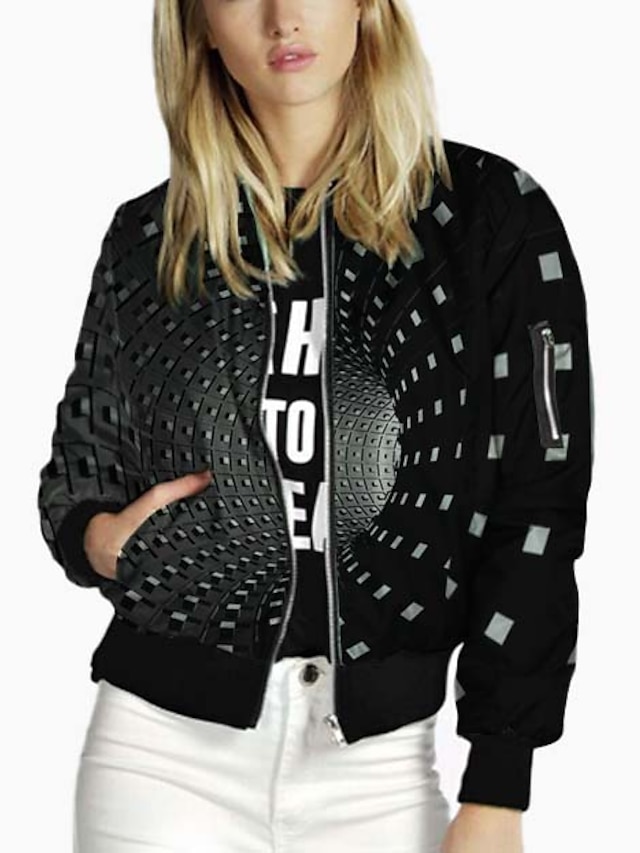  Women's Jacket Casual Jacket Fall & Winter Going out Work Regular Coat Stand Collar Loose 3D Print Streetwear Punk & Gothic Jacket Long Sleeve Patchwork Print Print Color Block Black