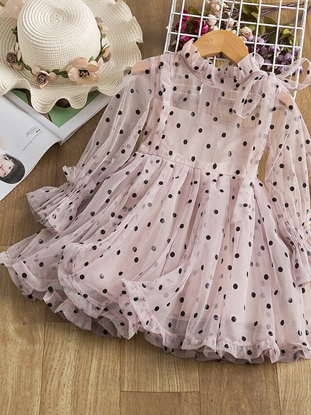  Kids Little Girls' Dress Polka Dot Solid Colored Dusty Rose Lace Dusty Rose Beige Knee-length Long Sleeve Cute Dresses