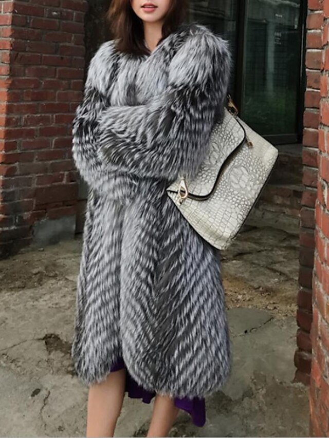  women's long real silver fox fur coat with fox fur collar thick warm coat