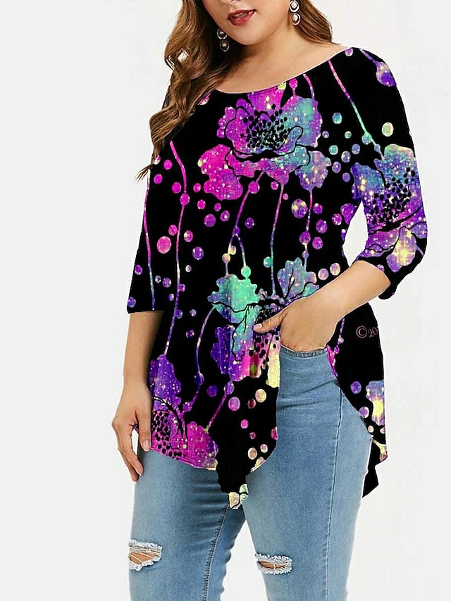  Women's Plus Size Tops T shirt Color Gradient Print Long Sleeve Round Neck Big Size / Loose