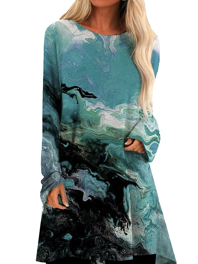  Femme Robe Droite Robe courte courte Vert Manches Longues Imprimé Imprimé Automne Printemps Col Rond Simple Ample 2021 M L XL XXL 3XL