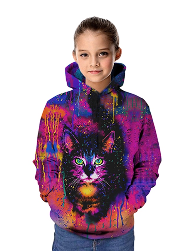  Kids Girls' Hoodie & Sweatshirt Long Sleeve Cat Graphic 3D Animal Print Fuchsia Children Tops Active