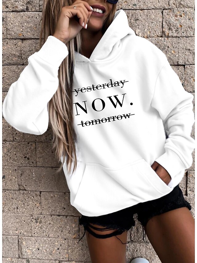  Women's Hoodie Pullover 100% Cotton Basic Casual Front Pocket Black White Yellow Graphic Text Slogan Daily Hooded Long Sleeve Without Lining Micro-elastic Fall & Winter