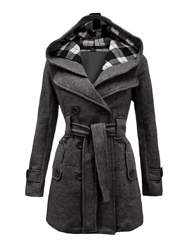  Women's Winter Coat Long Overcoat Double Breasted Lapel Pea Coat with Belt Thermal Warm Windproof Trench Coat with Pockets Elegant Slim Fit Lady Jacket Fall Hooded Outerwear Long Sleeve Gray Black