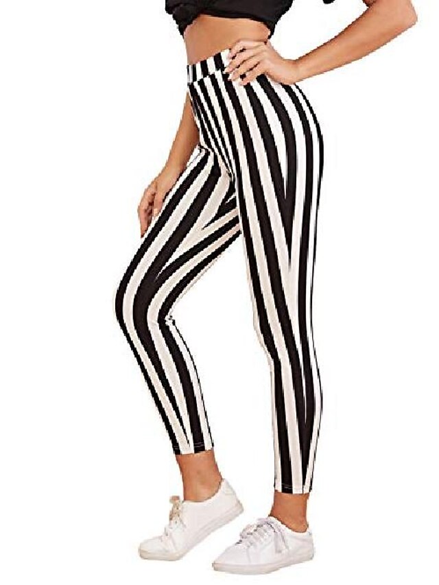  women's striped high waist workout leggings skinny yoga stretchy pants black and white xl