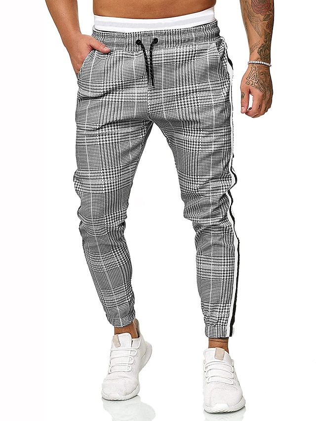  Men's Simple Casual Drawstring Print Pants Chinos Full Length Pants Micro-elastic Casual Daily Cotton Blend Grid / Plaid Mid Waist Loose Gray S M L XL / Elasticity