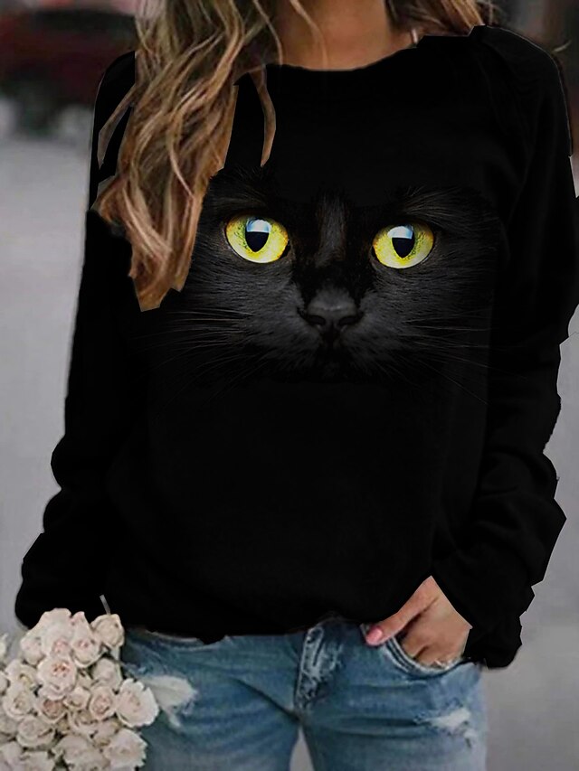  Women's Cat Graphic 3D Pullover Sweatshirt Print 3D Print Daily Basic Casual Hoodies Sweatshirts  Black