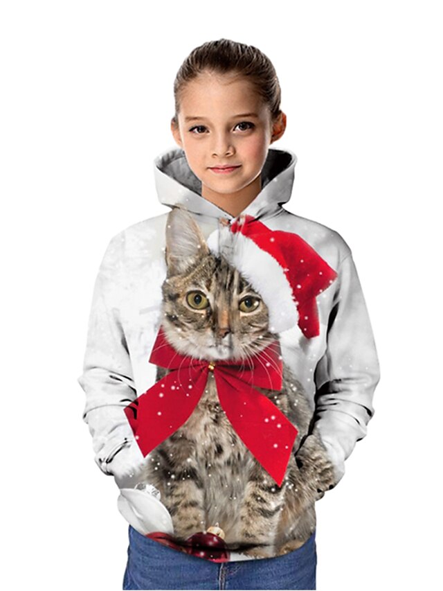  Kids Girls' Hoodie & Sweatshirt Christmas Long Sleeve Light gray Cat Santa Claus Print Graphic 3D Christmas Christmas pattern Christmas Gifts Active