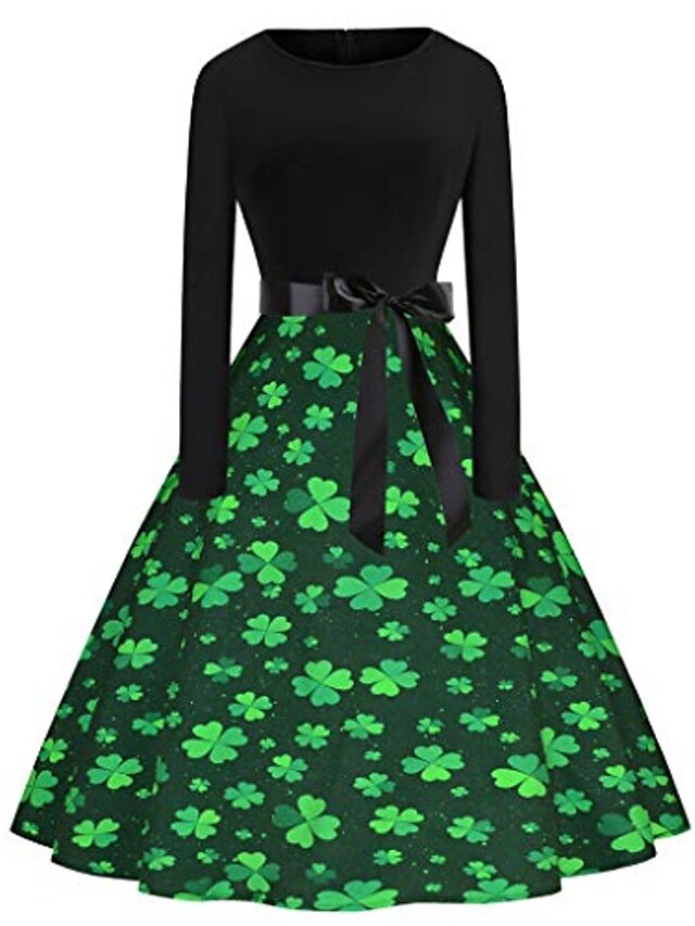  rikay kvinners langermet st patricks dag kostymer sløyfe sving kjole shamrock print kjole festkjole grønn