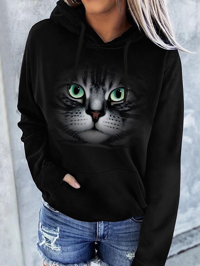  Dame Genser med hette for genser Katt Grafisk 3D Lomme foran Trykt mønster Daglig Grunnleggende Fritid Gensere Gensere Svart