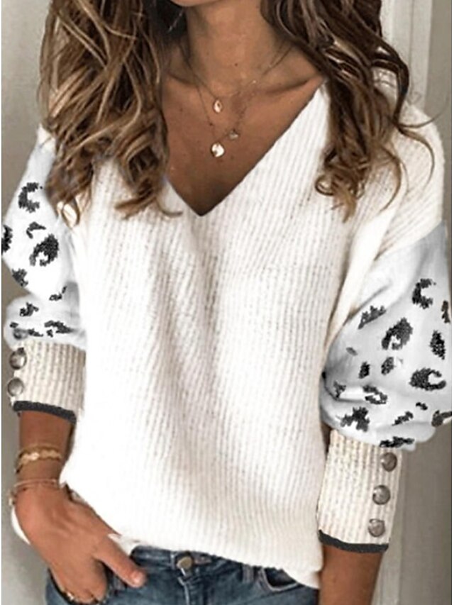  Women's Sweater Pullover Jumper Color Block Leopard Knitted Patchwork Button Stylish Basic Casual Long Sleeve Regular Fit Sweater Cardigans Fall Winter V Neck White