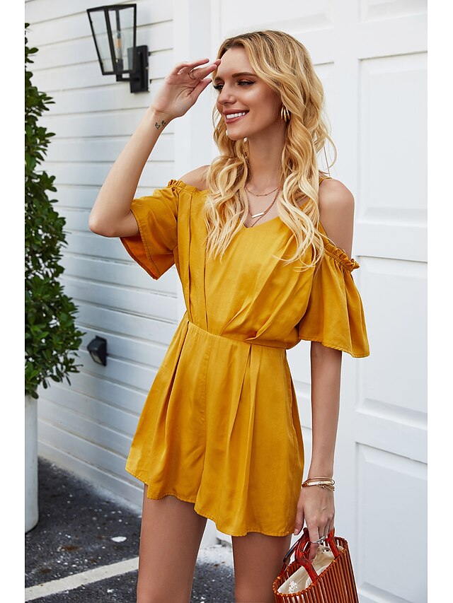  Women's Basic Streetwear Yellow Romper Solid Colored Backless Patchwork
