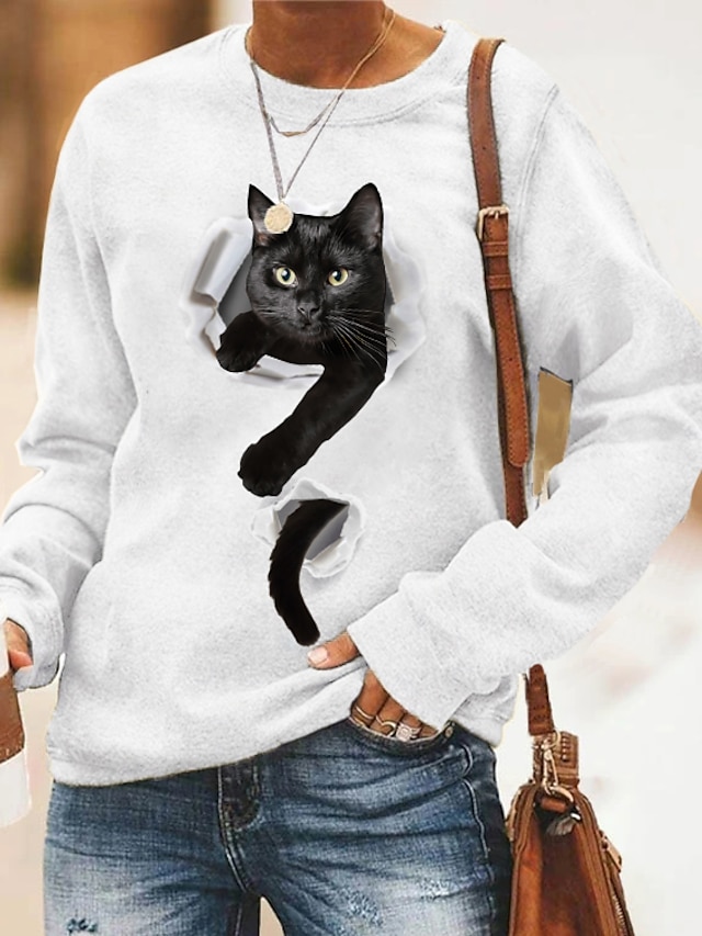  Women's Hoodie Sweatshirt Pullover 100% Cotton Graphic Cat 3D Basic Casual Print White Gray Daily Round Neck Long Sleeve Without Lining Micro-elastic Fall & Winter