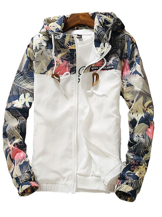  men's windbreaker jacket, floral bomber jacket hooded lightweight zip-up drawstring flower coat black large