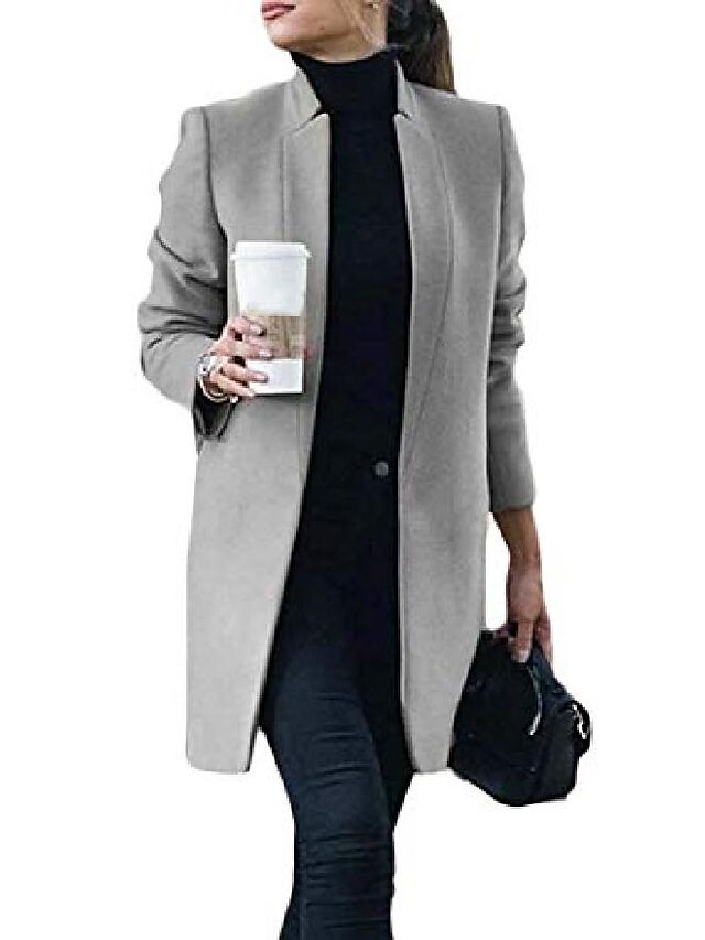  Women's Coat Fall Winter Spring Street Daily Date Long Coat Stand Collar Tailored Fit Fashion Modern Jacket Solid Color Wine Color blue caramel colour