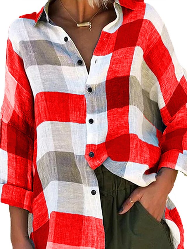  Dame Pluss størrelse Trykt mønster Ruter Bluse Skjorte Stor størrelse Skjortekrage Langermet Topper Stor størrelse / Store størrelser