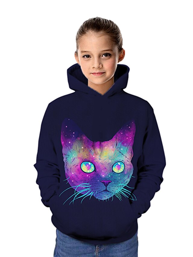  Barn Jente Hettegenser og sweatshirt Langermet Regnbue 3D-utskrift Katt Trykt mønster Katt Grafisk 3D Dyr Aktiv