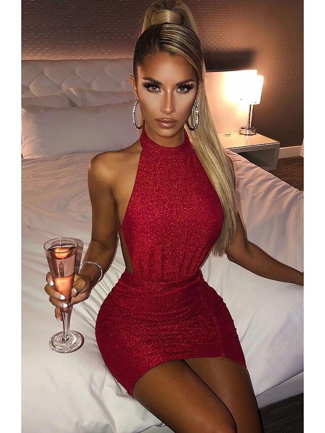  Women's Sheath Dress Short Mini Dress Blushing Pink Wine Sleeveless Solid Color Backless Summer Round Neck Sexy Party Slim 2021 S M L XL