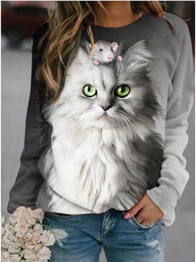  Damen Karikatur Katze Tier Kapuzenshirt Pullover Bedruckt 3D-Druck 3D-Druck Kapuzenpullover Sweatshirts Grau