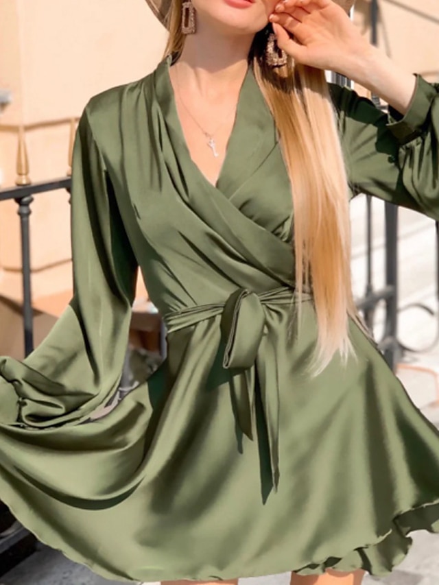  Women's A Line Dress Short Mini Dress Blue Army Green Khaki Green Black Brown Long Sleeve Solid Color Ruched Lace up Fall Winter V Neck Casual Slim 2021 S M L XL XXL