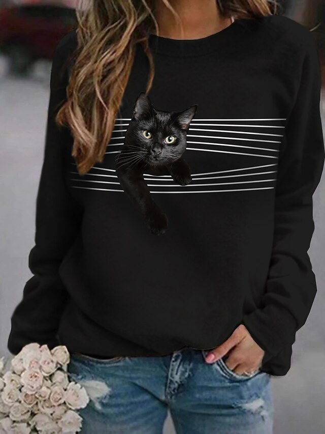 Women's Hoodie Sweatshirt Cat Graphic 3D Daily Basic Casual Hoodies Sweatshirts  Black