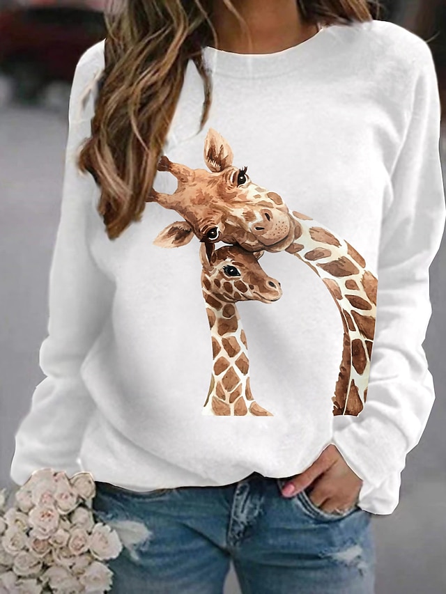  Women's Hoodie Sweatshirt Pullover 100% Cotton Graphic Cartoon Giraffe Basic Casual Print White Gray Daily Round Neck Long Sleeve Without Lining Micro-elastic Fall & Winter