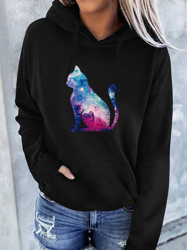 Women's Hoodie Pullover Cat Graphic 3D Front Pocket Print Daily Basic Casual Hoodies Sweatshirts  White Black