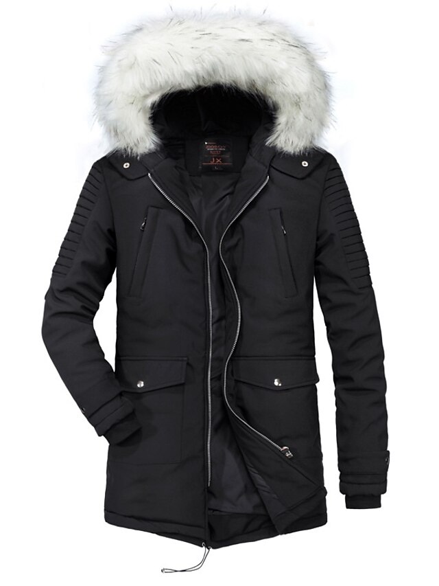  men's winter fur collar mid-long hooded down jacket thicken wadded coat (2xl, black)