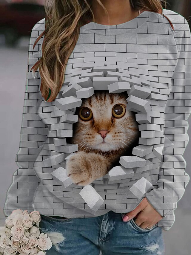  Damen Bluse Katze Tier Ausgeschnitten Bedruckt Rundhalsausschnitt Oberteile Grau