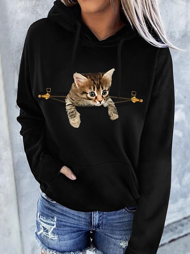  Damen Hoodie Sweatshirt Kapuze Zur Seite fahren Vordertasche Basic Casual Schwarz Weiß Graphic Katze 3D Täglich Langarm Mit Kapuze Baumwolle