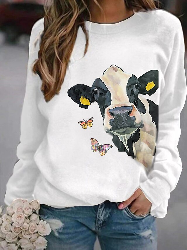  Women's Hoodie Sweatshirt Pullover Basic Casual White Black Pink Graphic Butterfly Cow Daily Round Neck Long Sleeve S M L XL XXL