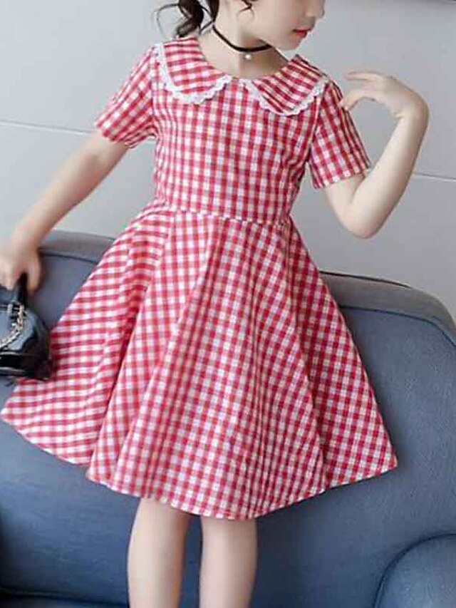  Ano Novo Meninas 3D Xadrez Vestido Manga Curta Estilo bonito Infantil Acima do Joelho Algodão Delgado