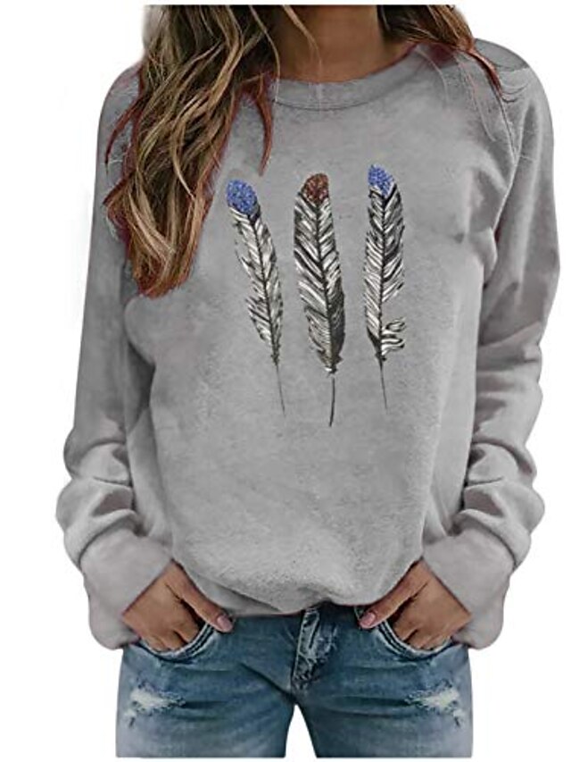  womens feather graphic print long sleeve pullover sweatshirts crewneck casual sweater shirts tops