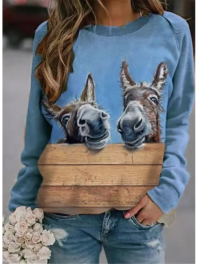  Women's 3D Printed T shirt Graphic 3D Donkey Long Sleeve Print Round Neck Basic Tops Blue