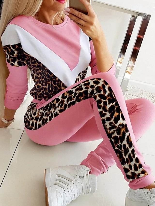  Women's Sweatsuit 2 Piece Set Color Block Leopard Print Crew Neck Leopard Sport Athleisure Clothing Suit Long Sleeve Comfortable Everyday Use Causal Casual Daily / Winter