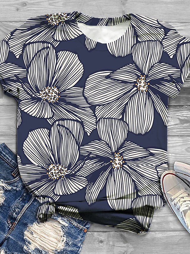  Women's Plus Size Tops T shirt Floral Graphic Short Sleeve Print Round Neck Cotton Spandex Jersey Daily Holiday